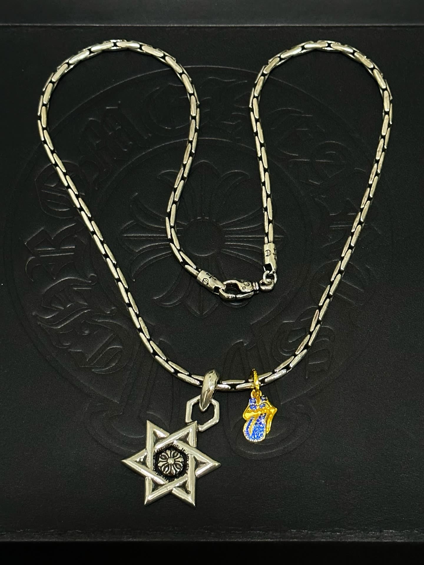 Chrome Hearts Silver Star of David Necklace with Blue Enamel Charm
